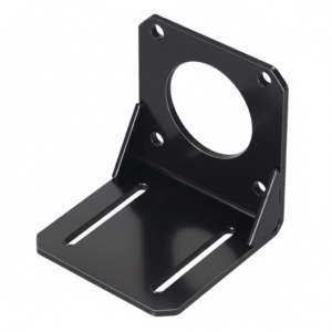 Metalen L-vormige beugel met schroefgaten en ronde uitsparing, geschikt voor montage van componenten.
