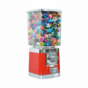 Rode snoepautomaat gevuld met kleurrijke snoepjes met smiley en hartjes print, retrostijl. Perfect voor candy lovers.