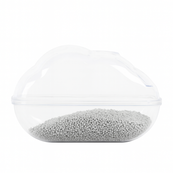 Wolkvormige transparante container met witte korrels, geschikt voor luchtbevochtiging of geurverspreiding.