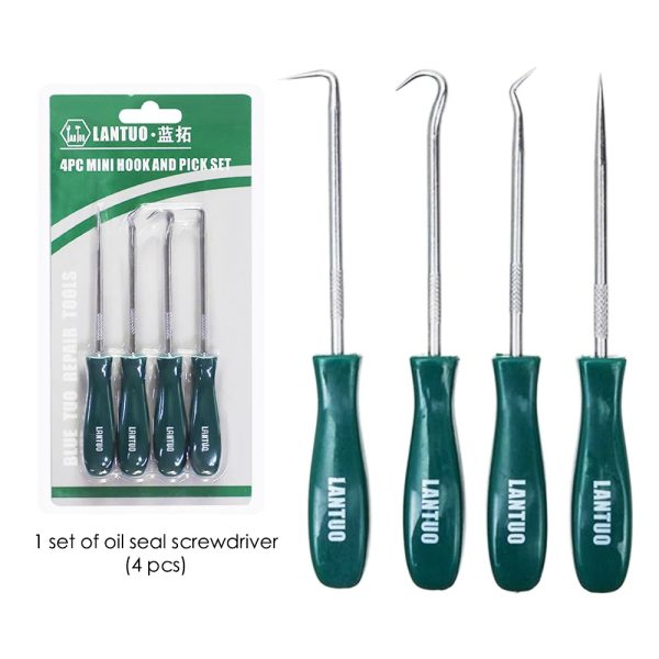 Set van 4 mini haak- en priemgereedschappen met groene handvatten, ideaal voor precisiewerk en reparaties.