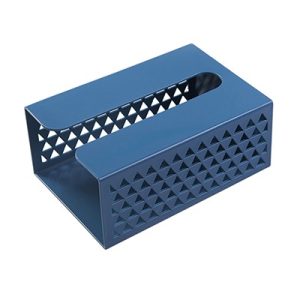 Blauw metalen tissuehouder met driehoekpatroon, modern ontwerp voor stijlvolle interieurdecoratie.
