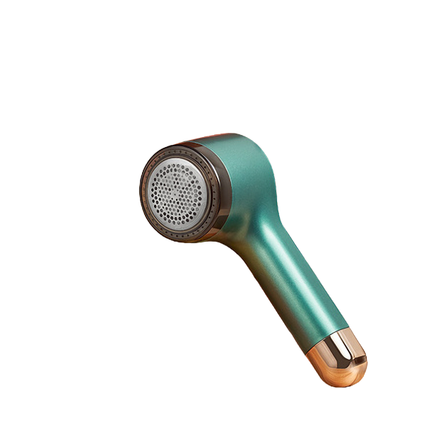 Modern groene pluisverwijderaar met metalen kop voor kledingmateriaal en tapijtonderhoud.
