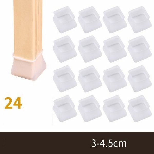 Set van 24 siliconen stoelpootbeschermers, transparant vierkant, geschikt voor poten van 3-4,5 cm. Beschermt vloeren.