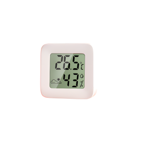 Digitale thermometer en hygrometer met temperatuur 26,5°C en luchtvochtigheid 43% op wit achtergrond.