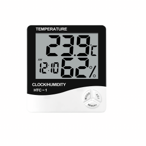 Digitale thermometer en hygrometer met klokfunctie, temperatuur 23,9°C, luchtvochtigheid 62%, model HTC-1.