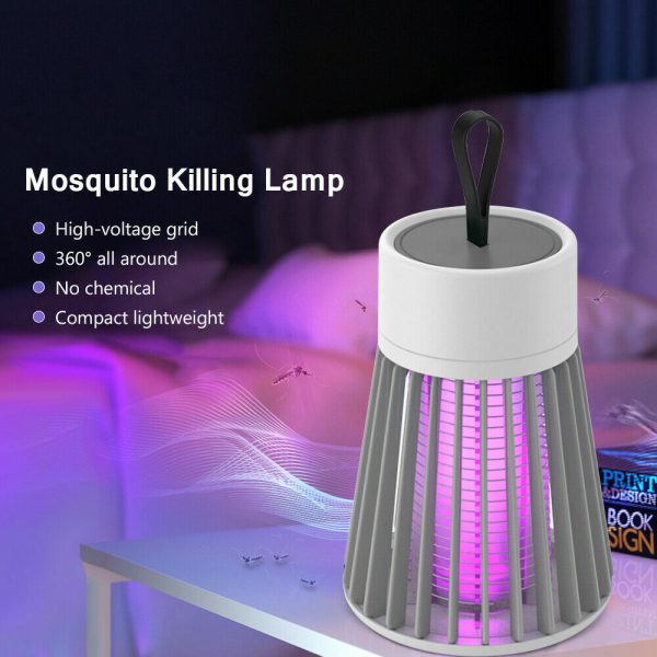 Compacte muggenlamp met hoge spanning, 360° dekking en lichtgewicht ontwerp zonder chemicaliën, voor binnengebruik.