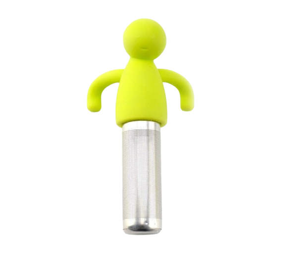 Groene theefiguur infuser met geel siliconen poppetje en RVS filter voor losse thee.