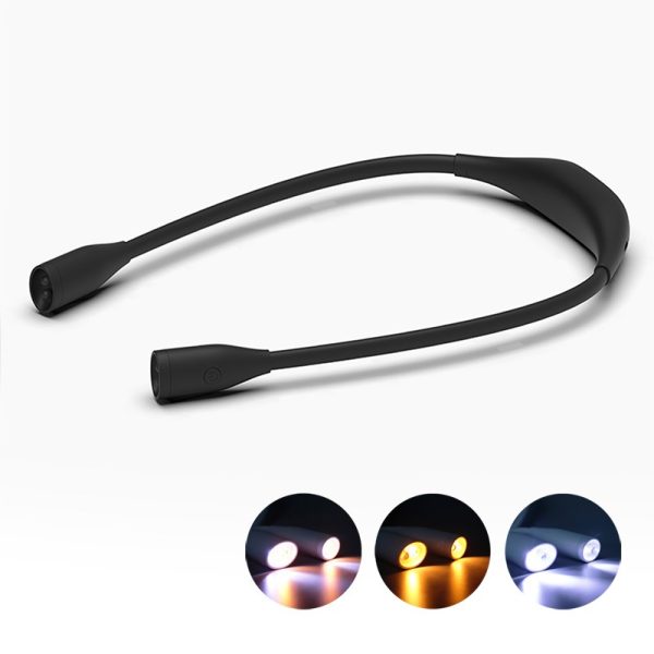 Flexibele LED-nekleeslamp in zwart met instelbare lichtkleuren voor comfortabel lezen en handsfree verlichting.