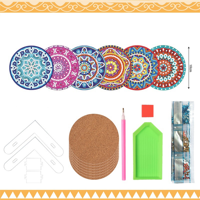 Diamant schilderij onderzetters met mandala designs, inclusief gereedschap en materialen voor creatief handwerken.