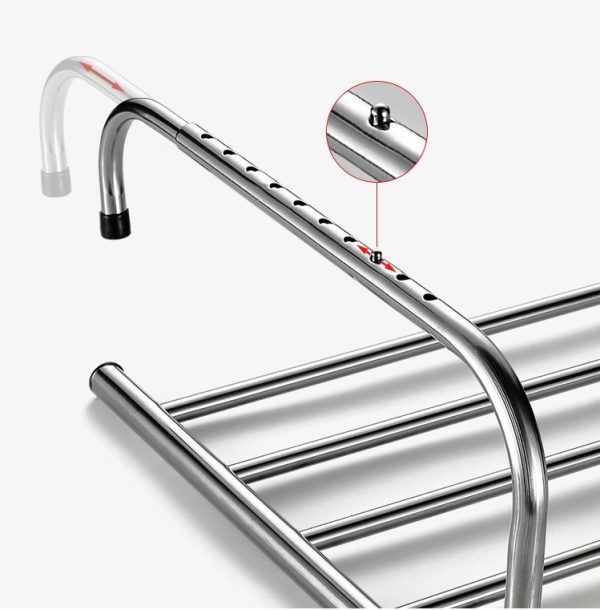 Verstelbaar roestvrijstalen rek voor veelzijdige opslag, met klikmechanisme voor aanpassing en stabiliteit.