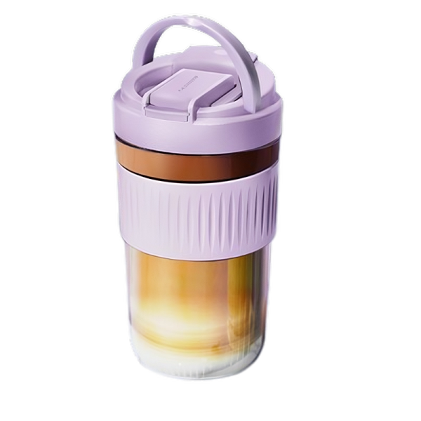 Paarse herbruikbare thermosbeker met handvat en deksel, ideaal voor koffie of thee voor onderweg.