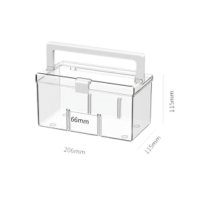 Transparante opbergdoos met handvat, afmetingen 206x115x115 mm, veelzijdig voor opslag en organisatie.