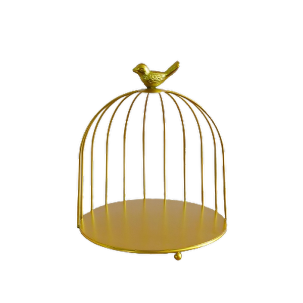 Gouden vogelkooi met vogelbeeldje bovenop, minimalistisch ontwerp op zwarte achtergrond.