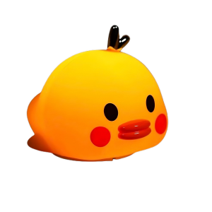 Schattige oranje eendvormige lamp met rode wangen en snavel op witte achtergrond. Perfect voor kinderkamers.