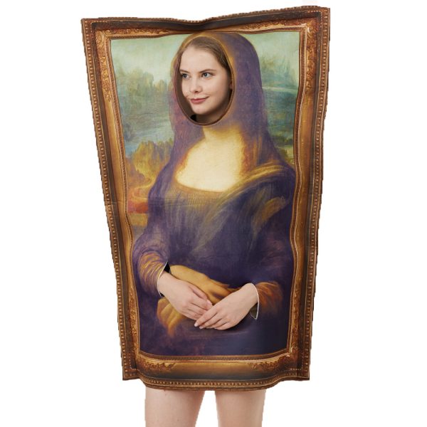 Persoon gekleed als Mona Lisa in een grappig schilderij kostuum met hoofd uit het gezicht.