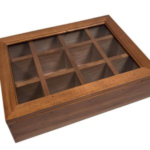Houten theedoos met glazen deksel en negen vakken voor theeopslag, ideaal voor keukenorganisatie.