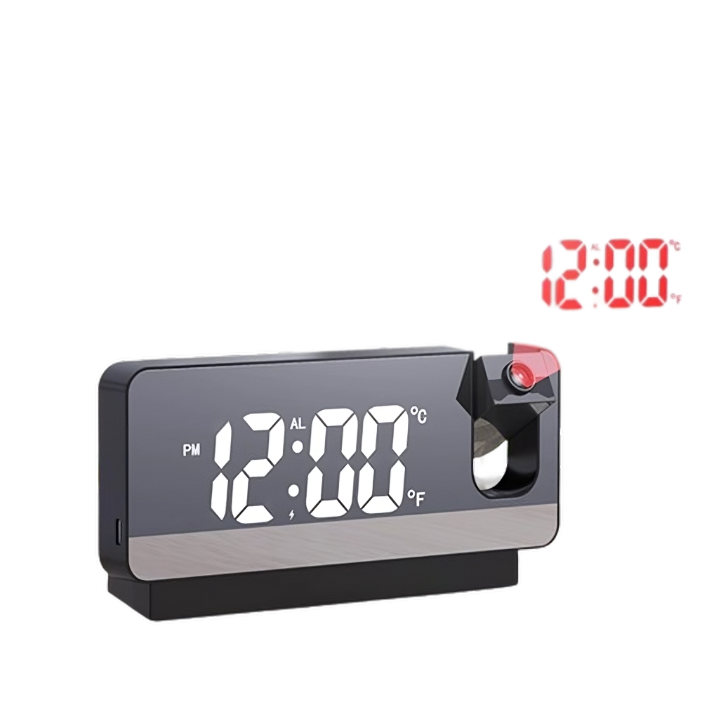 Digitale wekker met projectie van de tijd, 12:00, op de muur. Geschikt voor slaapkamer of kantoor, modern design.