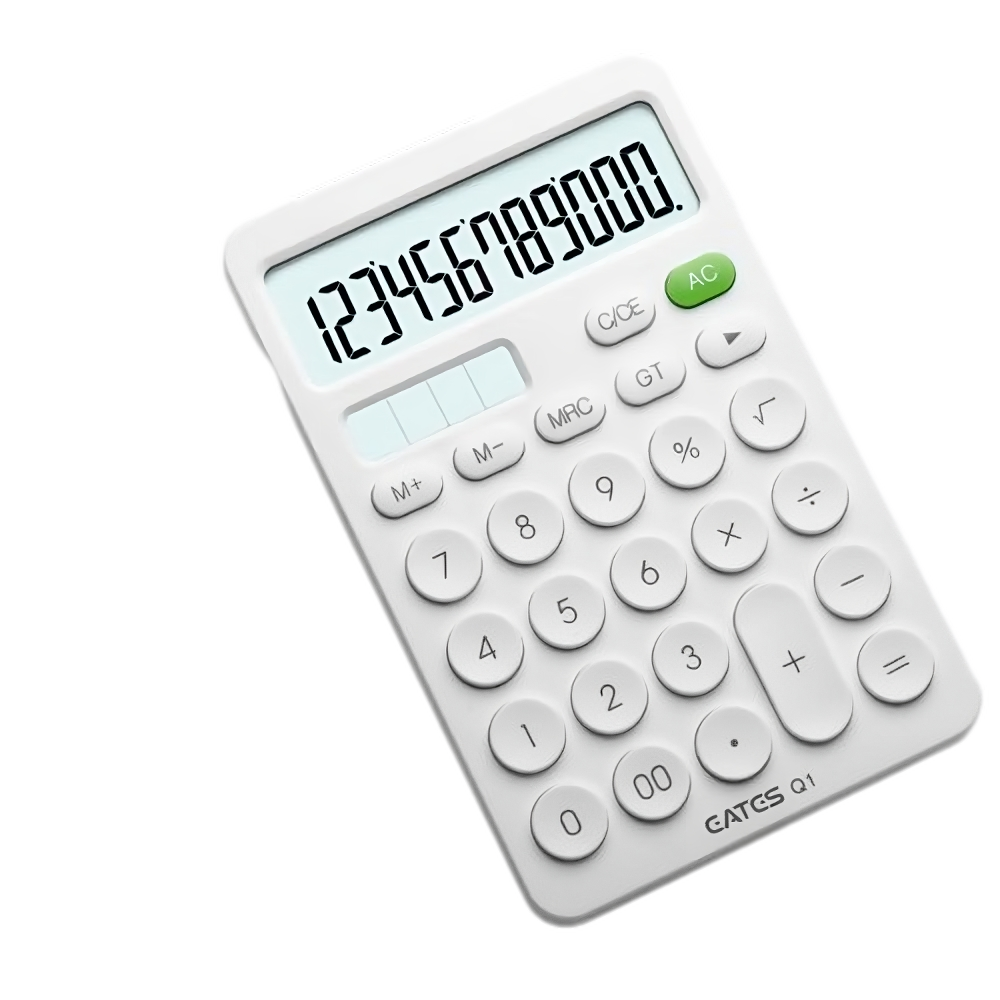 Witte calculator met getallen 0-9 op het scherm, liggend op een donkere achtergrond. Geschikt voor kantoorwerk.