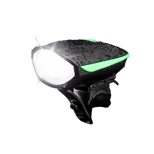 Waterdichte fietslamp met groene accenten, brandend in regenachtige omstandigheden.