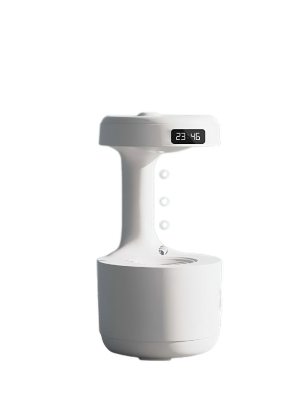 Slimme huisrobot met display en moderne witte afwerking, toont tijd 23:46 in digitaal formaat.