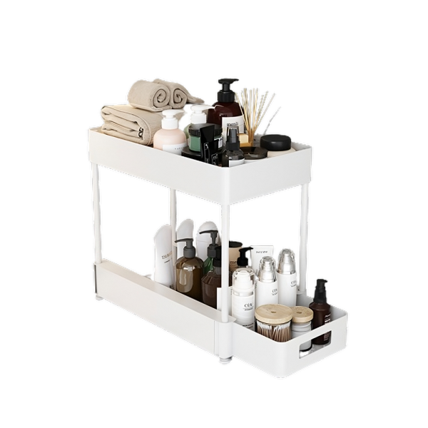 Witte badkameropberger met handdoeken, verzorgingsproducten en accessoires, geordend op twee niveaus.