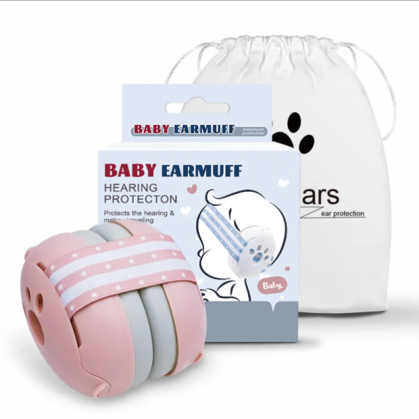 Roze baby gehoorbescherming voor optimale geluidsreductie, met cadeauverpakking en opbergzakje voor veilig gebruik.