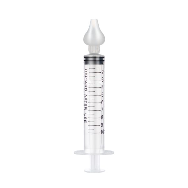 Transparante medische spuit van 10 ml met maatverdeling en siliconenpunt, voor nauwkeurige dosering.