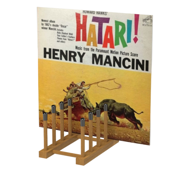 Albumhoes van 'Hatari!' soundtrack door Henry Mancini op een houten standaards met kleurrijk ontwerp en jungle-thema.