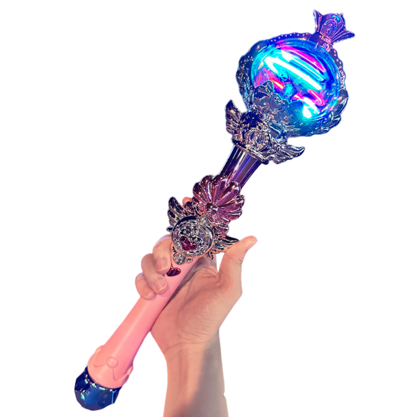 Heldere toverstok met kleurrijke LED-lichten in een hand. Fantasievol ontwerp, ideaal voor cosplay of magie-thema's.