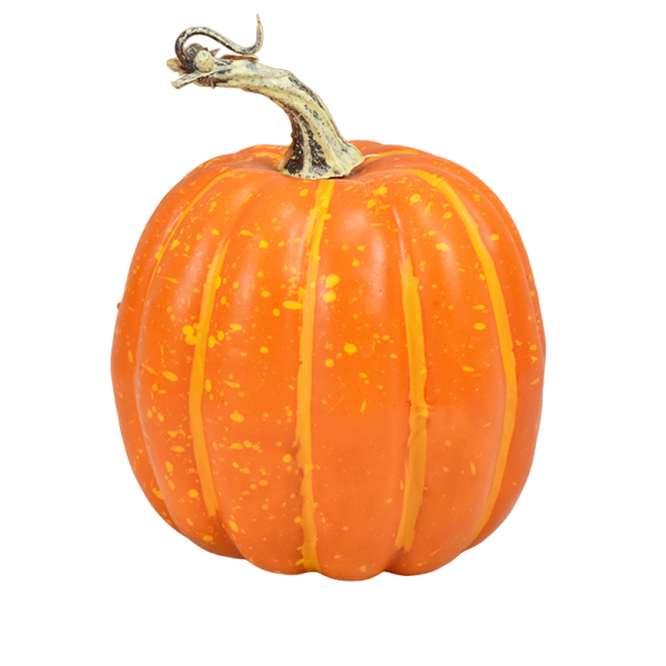 Heldere oranje decoratieve pompoen met groene steel tegen een witte achtergrond. Perfect voor herfstdecoraties.