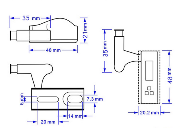 Technische tekening van apparaat met afmetingen: 48mm hoogte, 35mm breedte, 20.2mm diepte. Gedetailleerd ontwerp.