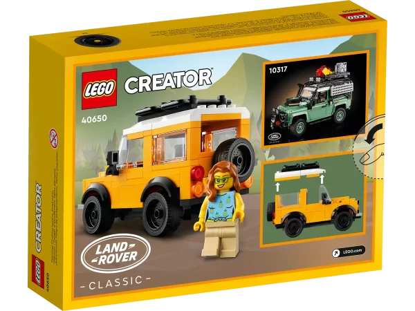 LEGO Creator Land Rover set 40650, met geel voertuig en minifiguur, voor avontuurlijke bouwers en verzamelaars.