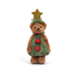 Pluche beer verkleed als kerstboom met ster, perfect voor kerstdecoratie of cadeau voor de feestdagen.