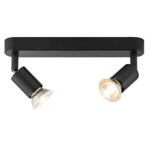 Zwarte moderne plafondspot met twee richtbare lampen, geschikt voor gezellige en functionele verlichting in elk interieur.