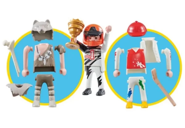 Playmobil set met verwisselbare outfits, inclusief trofee, sportkleding en historische kostuums voor creatief spelen.