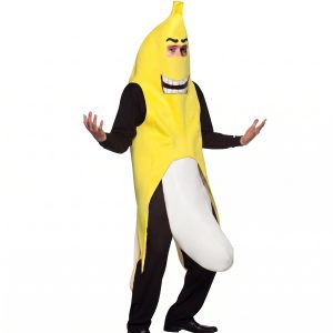 Een persoon in een grappig bananencostuum staat poseert vrolijk met uitgestrekte armen. Perfect voor feesten!