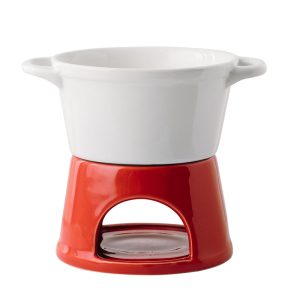 Fonduepan met rood onderstel en witte kom, ideaal voor kaas- of chocoladefondue. Geschikt voor gezellige diners thuis.