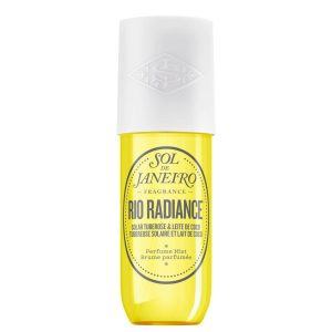 Gele Sol de Janeiro Rio Radiance parfumfles met witte dop, geur met tuberoos en kokosmelk voor een zomerse verfrissing.