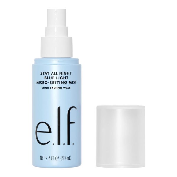 e.l.f. blauw licht micro-setting mist fles van 80 ml, zonder dop, voor langdurige make-up fixatie.