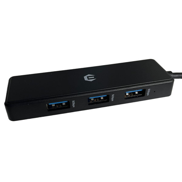 Zwarte USB-hub met vier poorten voor snelle gegevensoverdracht, perfect voor uitbreiding van computerconnectiviteit.