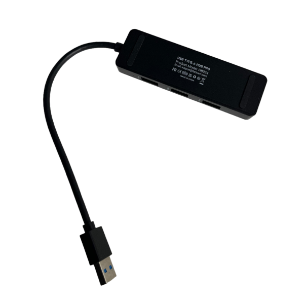 Zwarte USB 4-poorts hub met kabel, ondersteunt meerdere apparaten voor efficiënte connectiviteit en dataoverdracht.