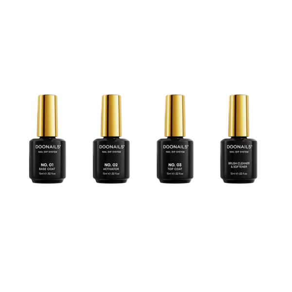 Doonails nagel dip systeem set met base coat, activator, top coat en borstelschoonmaker voor perfecte nagelverzorging.