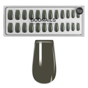 Herbruikbare press-on nagels van Doonails in een trendy olijfgroene kleur, perfect voor stijlvolle manicure.