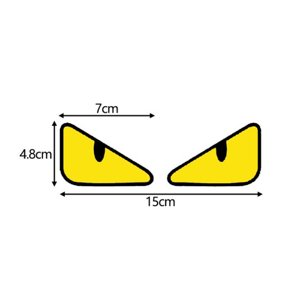 Gele ogen met afmetingen: breedte 15 cm, hoogte 4.8 cm; elk oog 7 cm breed. Grafische weergave van boze ogen.