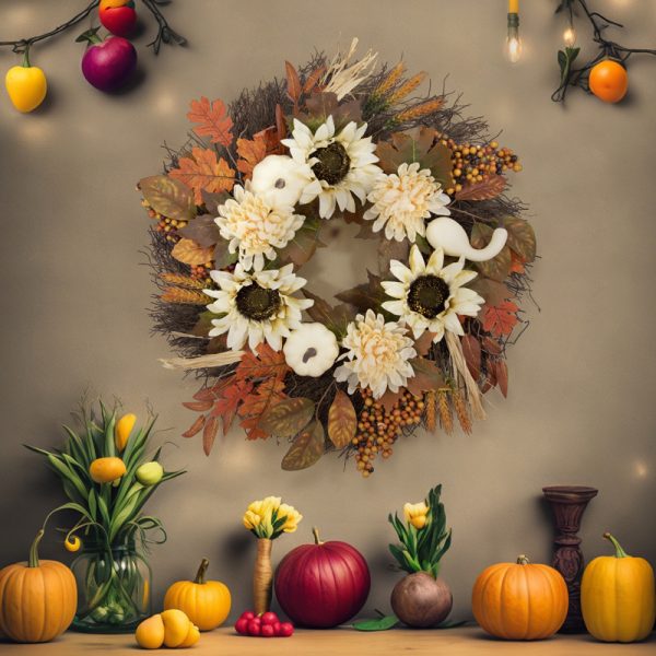 Herfstkrans met witte bloemen, pompoenen en bladeren, omgeven door herfstdecoraties op een tafel.