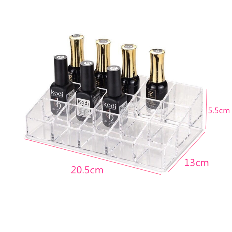 Transparant nagellak organizer met 24 vakjes, afmetingen 20,5x13x5,5 cm, ideaal voor overzichtelijke opberging.