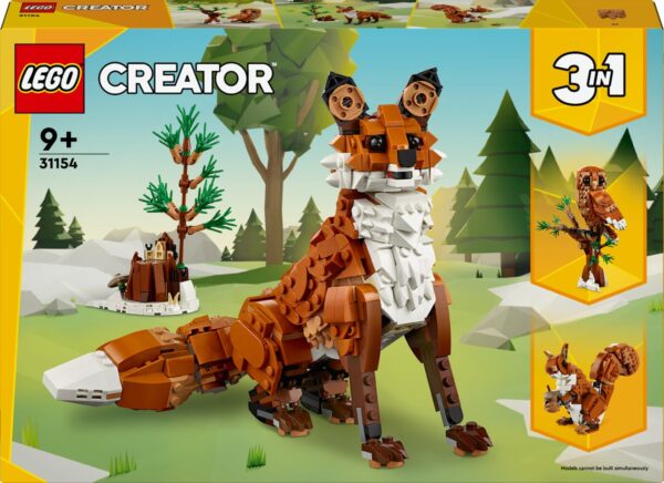 LEGO Creator 3-in-1 set 31154 met vos, uil en eekhoorn modellen voor kinderen vanaf 9 jaar.