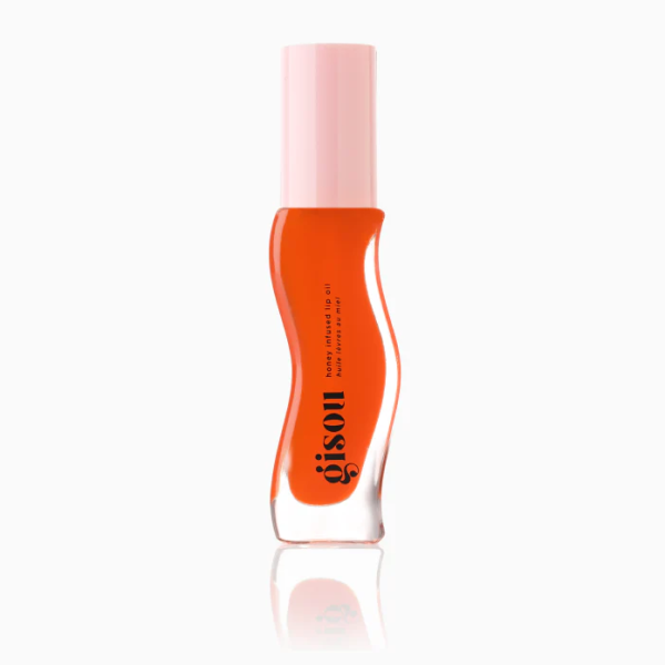 Oranje lipolie in stijlvolle flacon met roze dop, ontworpen voor ultieme hydratatie en glans.