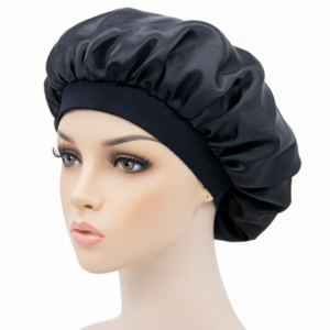 Zwarte satijnen slaapmuts op mannequin, beschermt haar tegen beschadiging en behoudt vocht tijdens de nacht.