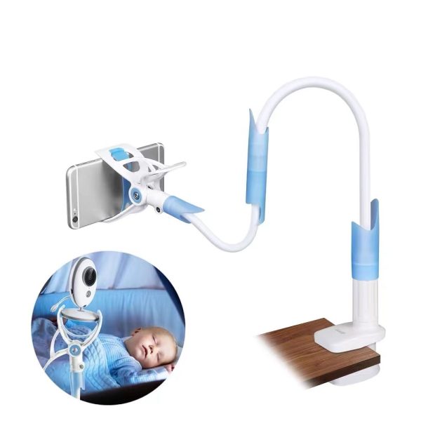 Flexibele houder met telefoon voor babycamera, gemonteerd op tafelrand, voor veilige bewaking van slapende baby.